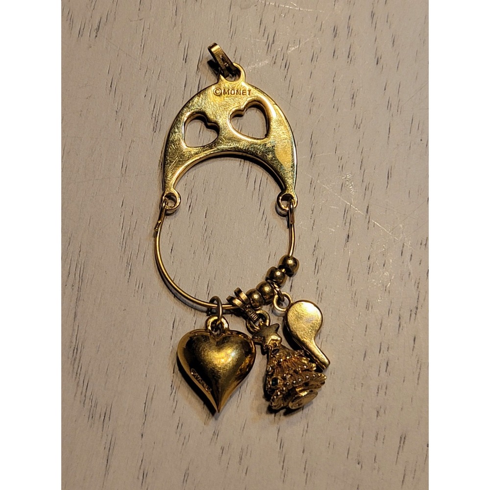 Vtg MONET Gold-tone Charm Holder Pendant w Heart, Christmas Tree And Whistle